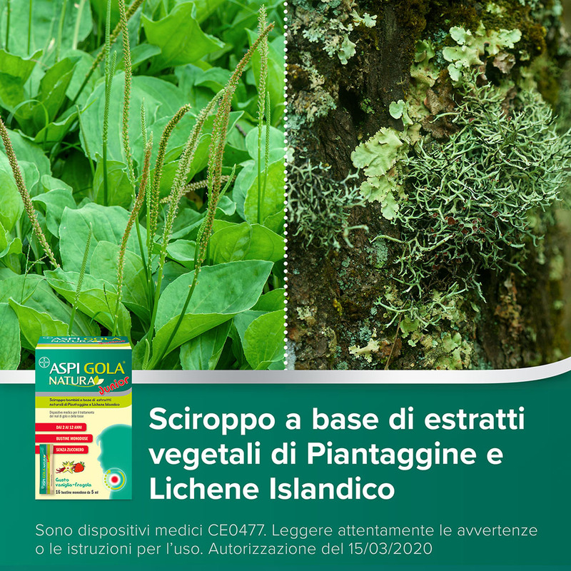 Aspi Gola Natura Junior Sciroppo per bambini, a base di estratti naturali, contro Mal di Gola e Tosse associata, Gusto Vaniglia e Fragola, 16 Bustine Monodose da 5ml
