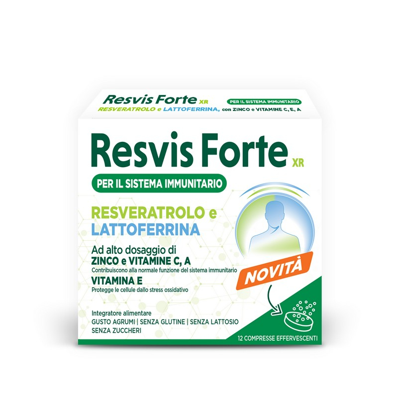 Resvis Forte Xr, Integratore Alimentare di Resveratrolo e Lattoferrina, per il Benessere del Sistema Immunitario, rinforza le difese immunitarie, senza Glutine e Lattosio, 12 Compresse Effervescenti Da 4 g, Gusto Agrumi