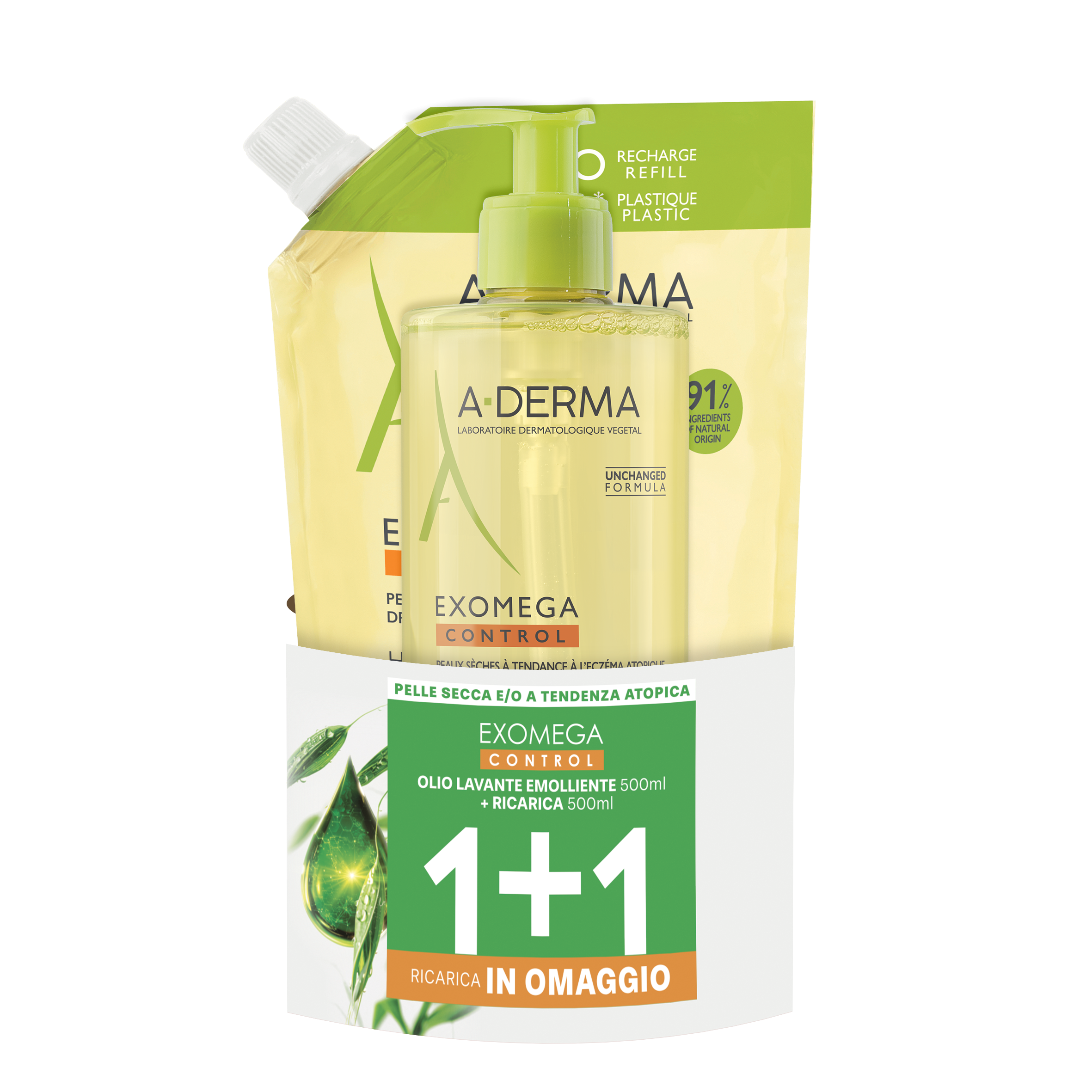 A-Derma Exomega control Special Pack  1+1 Olio lavante emolliente 500ml + Eco Ricarica 500ml, pelle secca e/o a tendenza atopica 