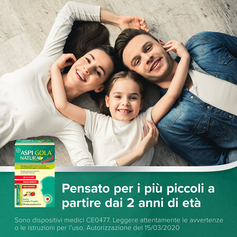 Aspi Gola Natura Junior Sciroppo per bambini, a base di estratti naturali, contro Mal di Gola e Tosse associata, Gusto Vaniglia e Fragola, 16 Bustine Monodose da 5ml