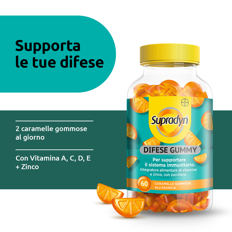 Supradyn Difese Gummy Integratore Multivitaminico con Vitamina C, D e Zinco per Difese Immunitarie degli adulti, Gusto Arancia, 60 Caramelle Gommose