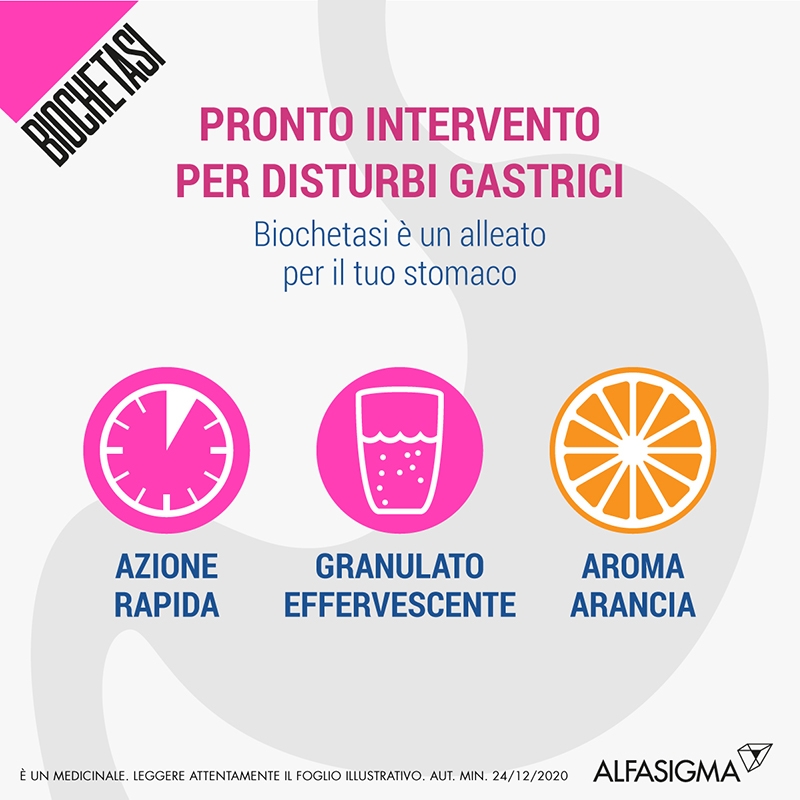 Biochetasi - Granulato effervescente contro sintomi del reflusso, acidità e bruciore di stomaco - 18 Bustine
