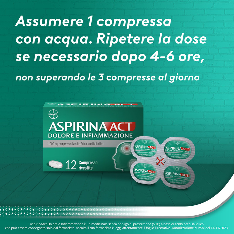 Aspirina Act Dolore e Infiammazione, Antidolorifico e Antinfiammatorio contro Dolori Muscolari e Articolari, Cervicale, Mal di Testa, Mal di Schiena, 12 Compresse Rivestite