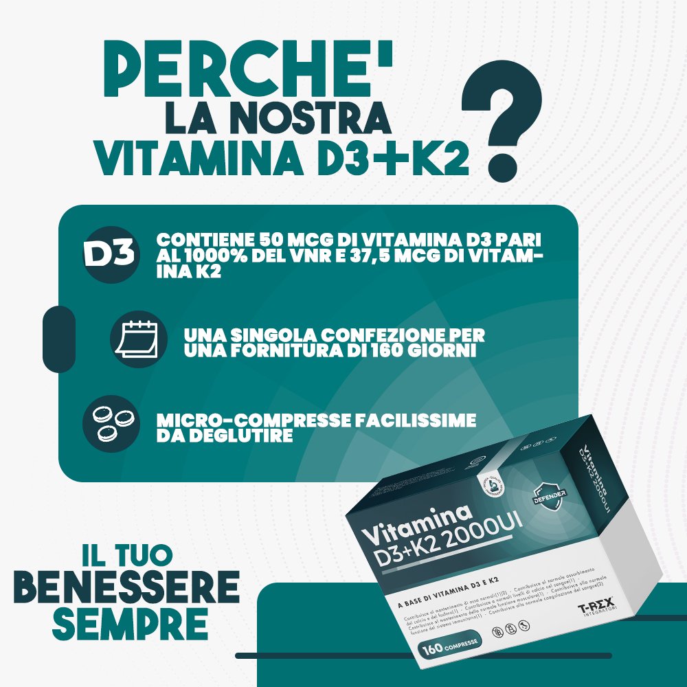 T-Rex Integratori Vitamina D3+K2 2000 UI 160 Compresse - Integratore Di Vitamine D3+K2