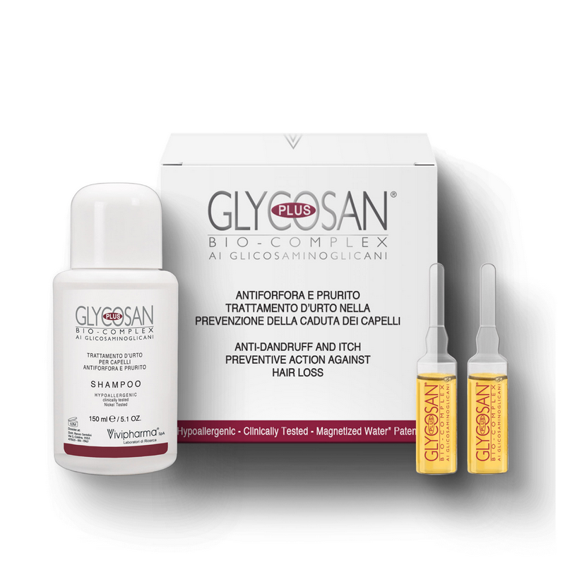 GLYCOSAN PLUS BIO COMPLEX - ANTIORFORA E PRURITO TRATTAMENTO D'URTO PREVENZIONE CADUTA DEI CAPELLI, 6 FIALE+SHAMPOO 150ML