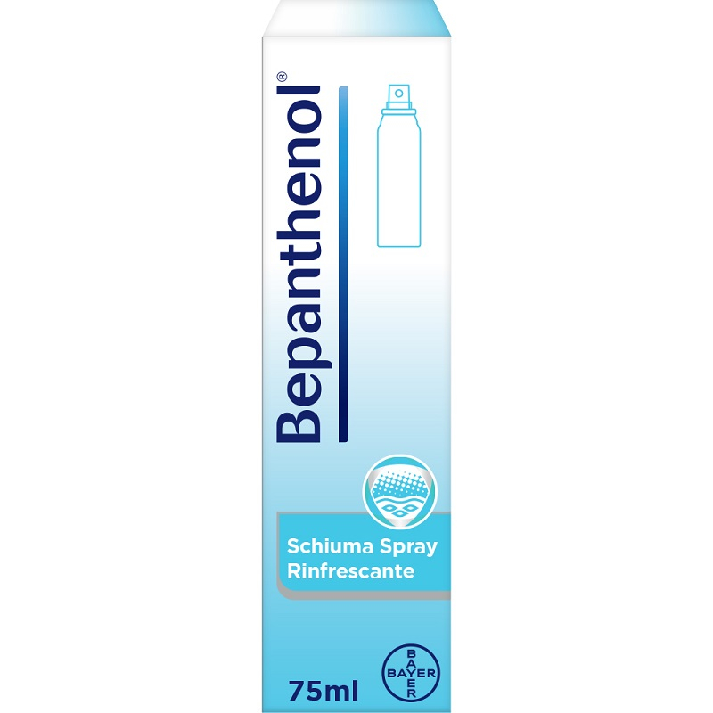 Bepanthenol Schiuma Spray, Trattamento Rinfrescante per Scottature e Ustioni minori, con Pantenolo, Senza Cortisone,  Calma e Idrata la Pelle Irritata, Flacone da 75 ml