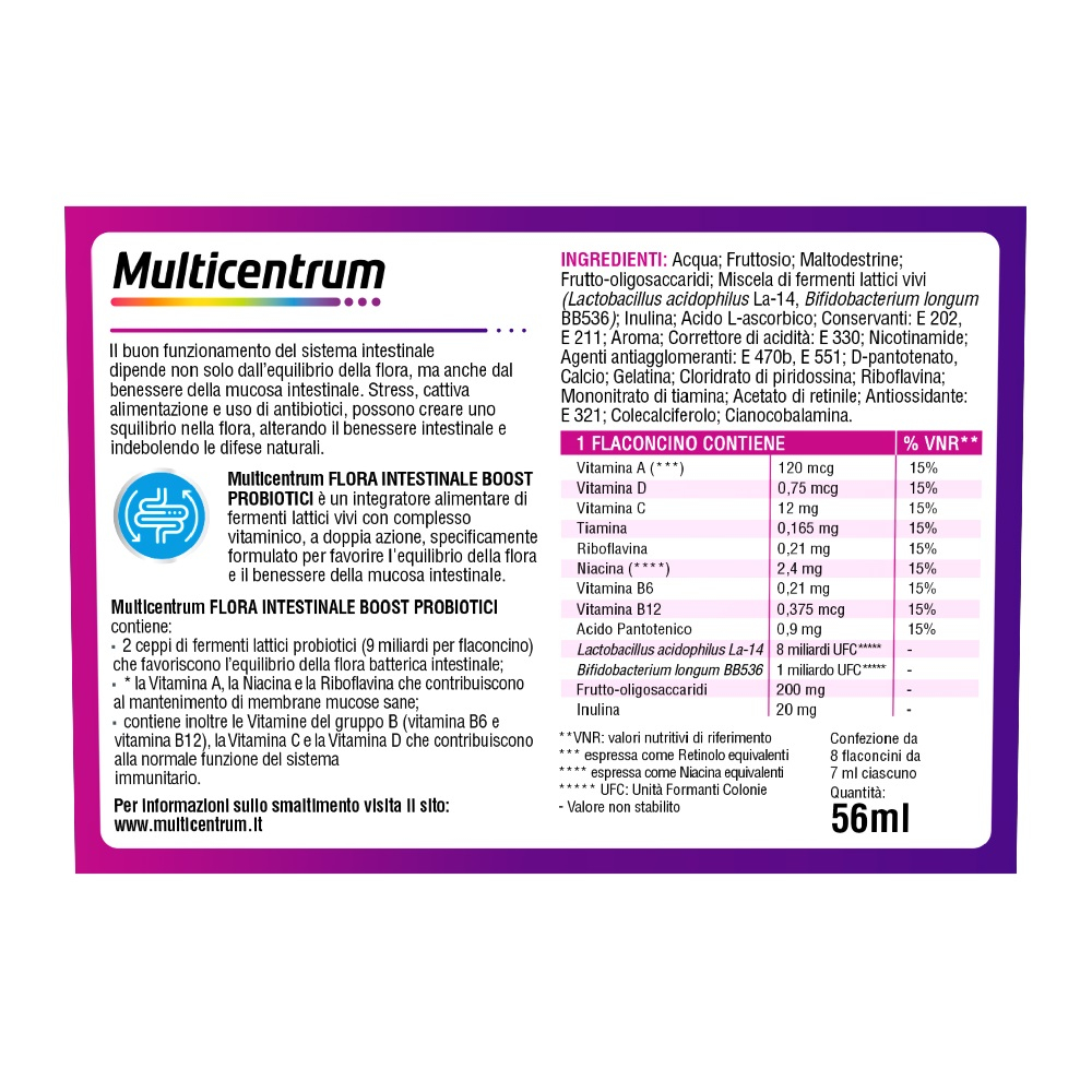 Multicentrum Flora Intestinale Boost Probiotici Integratore Fermenti Lattici Intestino 8 Flaconcini