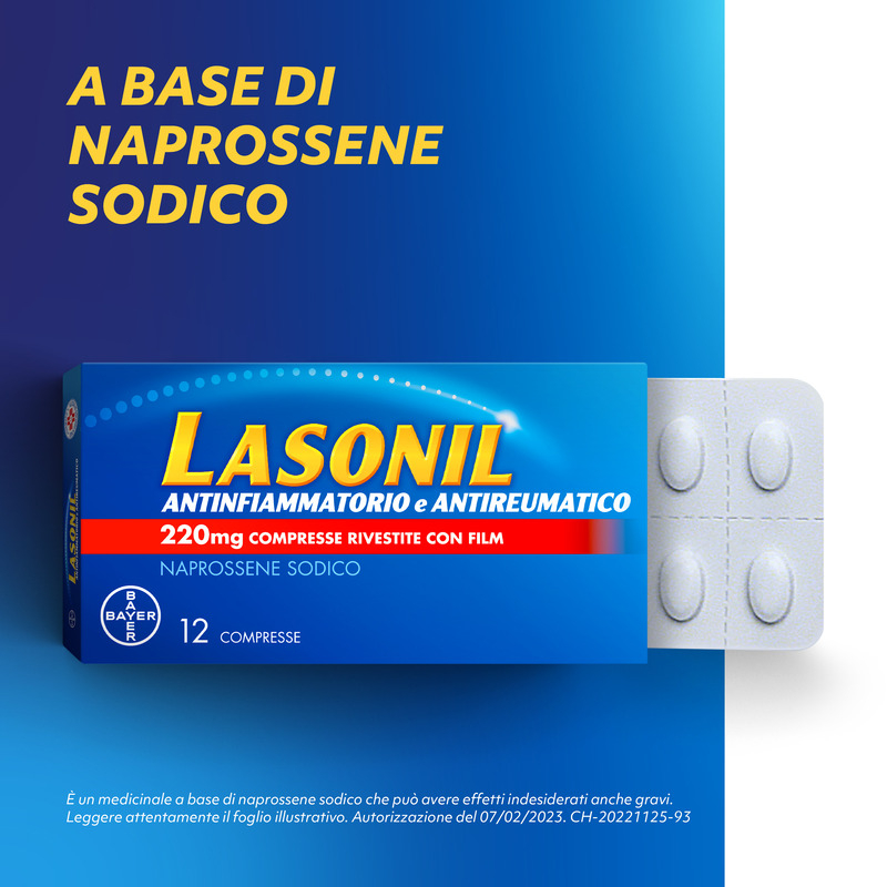 Lasonil Antinfiammatorio e Antidolorifico, Per trattamento di Mal di Schiena, Dolori Muscolari e Articolari, con 220mg di Naprossene Sodico, 12 Compresse Rivestite