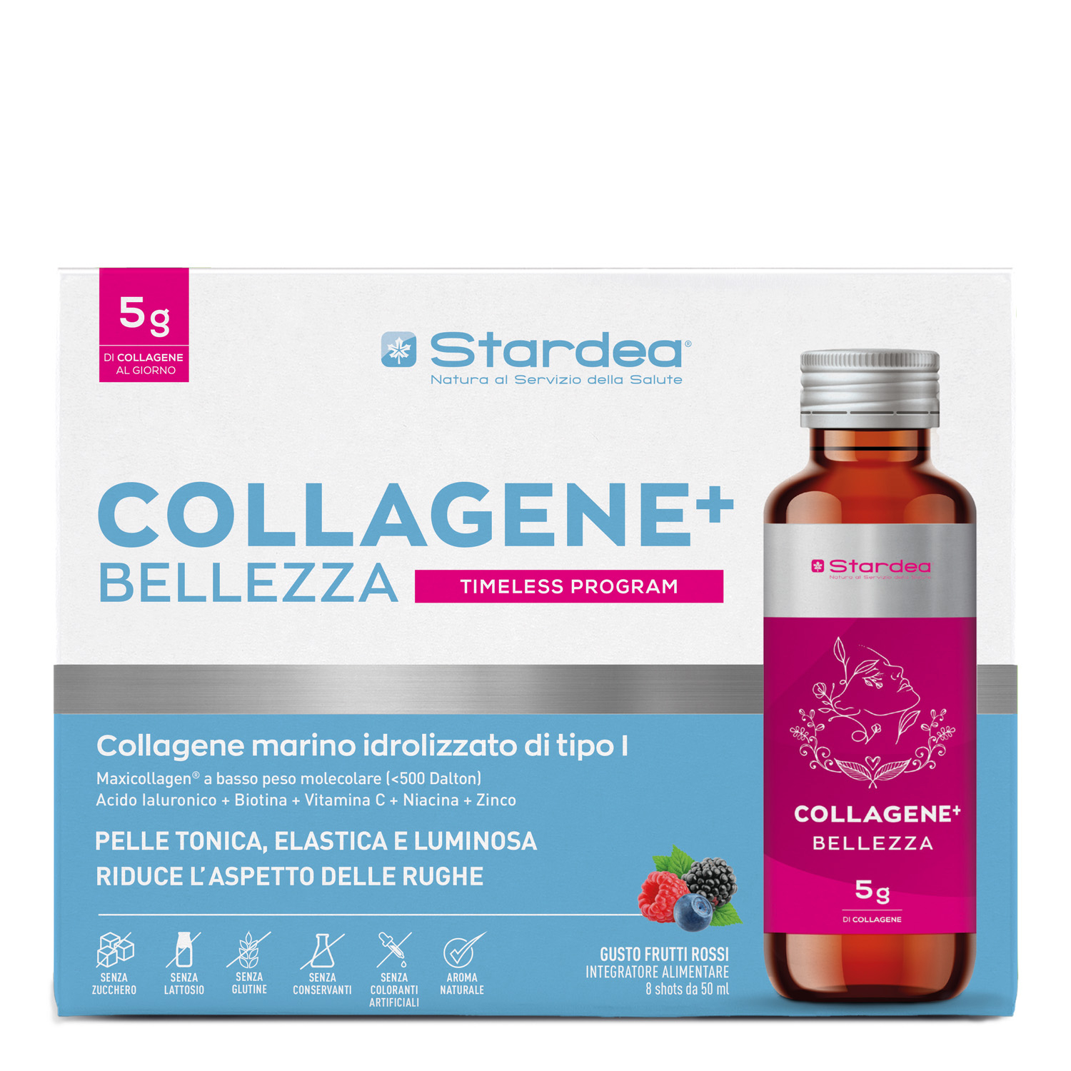 STARDEA COLLAGENE + BELLEZZA SHOT DA BERE - Integratore da bere a base di 5g di collagene Marino di tipo 1 e Acido Ialuronico - 8 shots da 50 ml