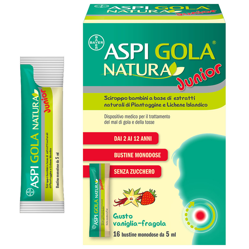 Aspi Gola Natura Junior Sciroppo per bambini, a base di estratti naturali, contro Mal di Gola e Tosse associata, Gusto Vaniglia e Fragola, 16 Bustine Monodose da 5ml