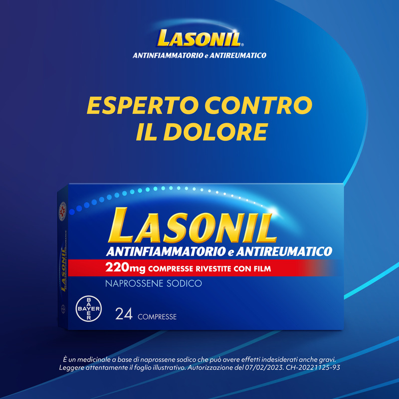 Lasonil Antinfiammatorio e Antidolorifico, Per trattamento di Mal di Schiena, Dolori Muscolari e Articolari, con 220mg di Naprossene Sodico, 24 Compresse Rivestite
