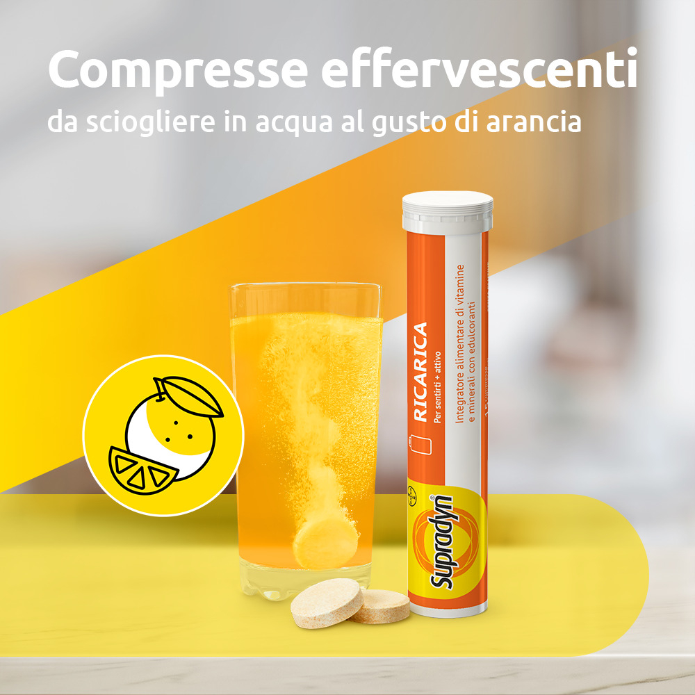Supradyn Ricarica Integratore Multivitaminico Completo con Vitamine A, B, C, D, E, K, Minerali e Coenzima Q10 contro la Stanchezza, Gusto Arancia, 15 Compresse Effervescenti Rivestite