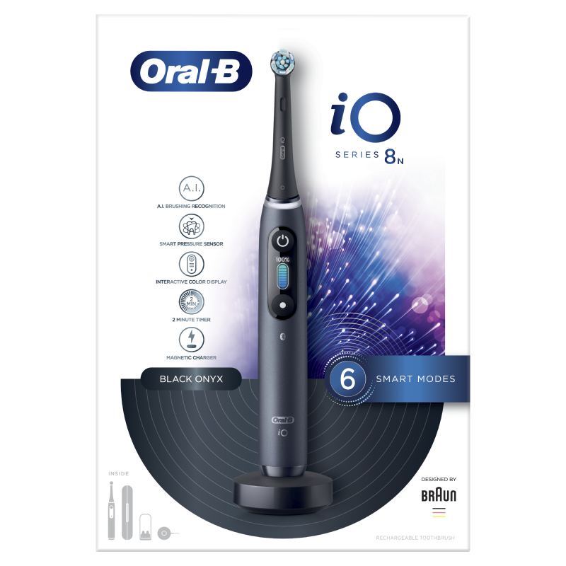 Oral-B iO - 8n - Spazzolino Elettrico Ricaricabile Nero con Tecnologia Magnetica Rivoluzionaria e Display a colori + Custodia da Viaggio Primium