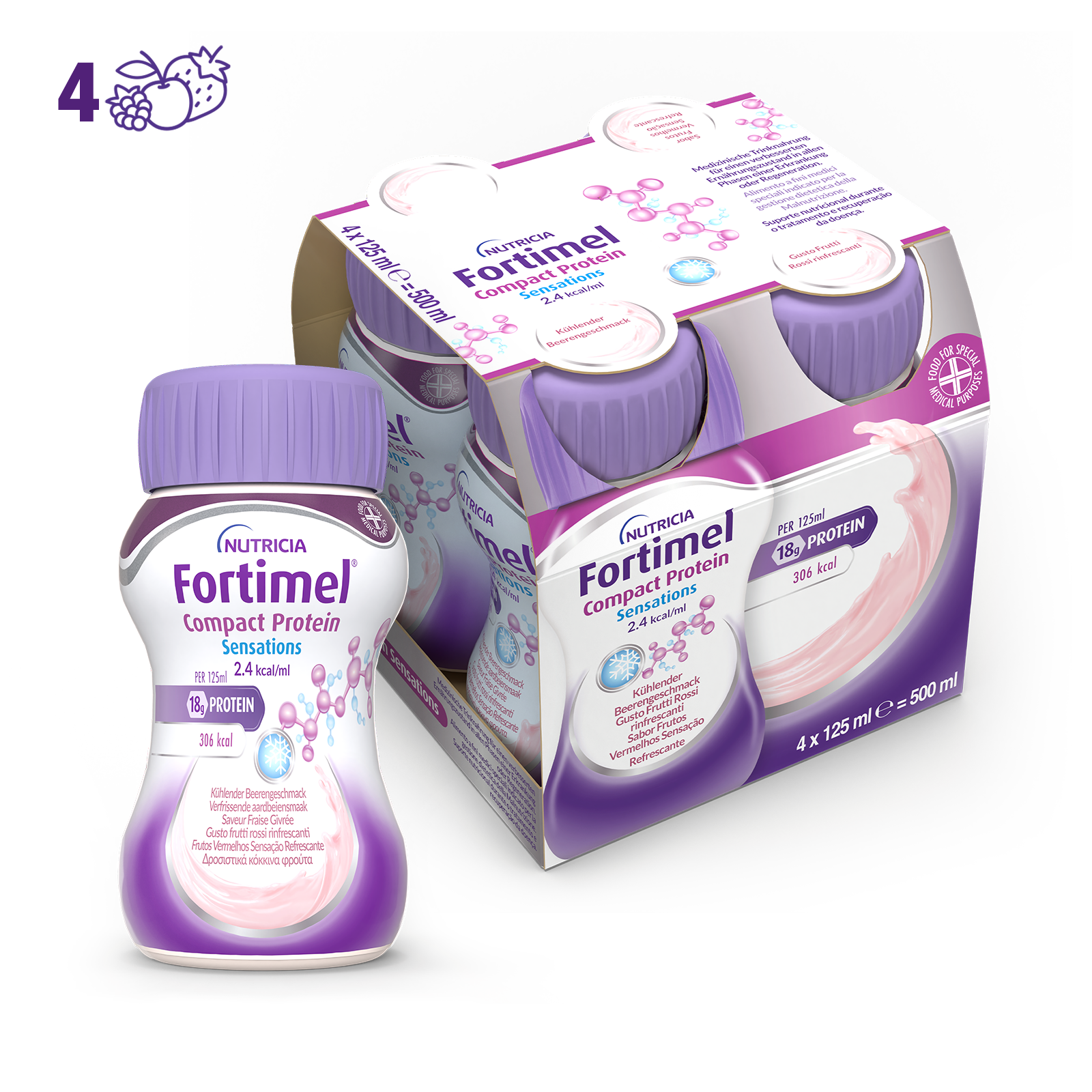 Nutricia Fortimel Compact Protein Sensations, Gusto Frutti Rossi Rinfrescanti, Ipercalorico e Iperproteico, 4x125ml