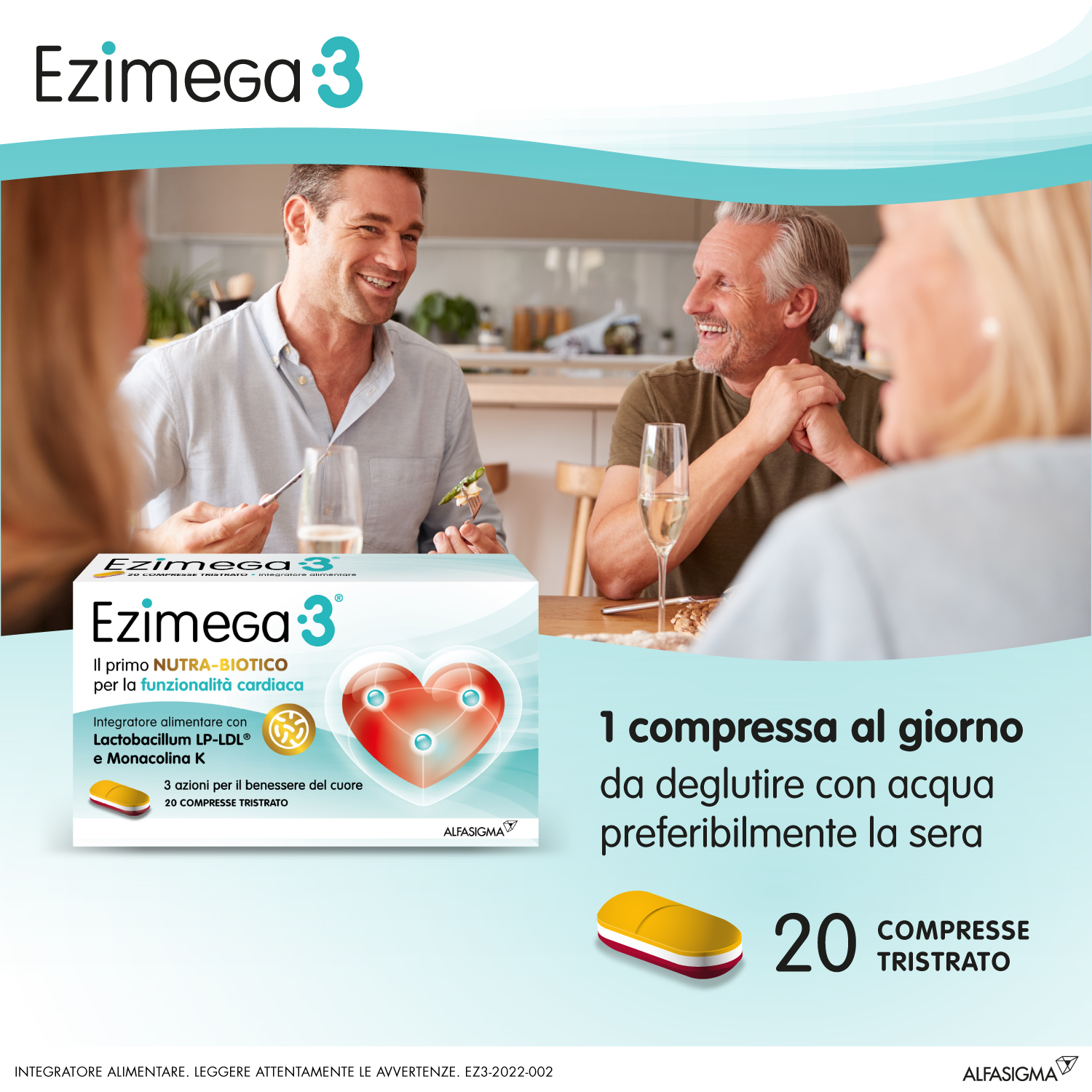 Ezimega 3, Integratore per il Colesterolo a Base di Monacolina K, Resveratrolo, Coenzima Q10, Lp-Ldl Probiotico Lactobacillus Plantarum, Acido Folico, utile per il controllo di colesterolo e trigliceridi, 20 Compresse