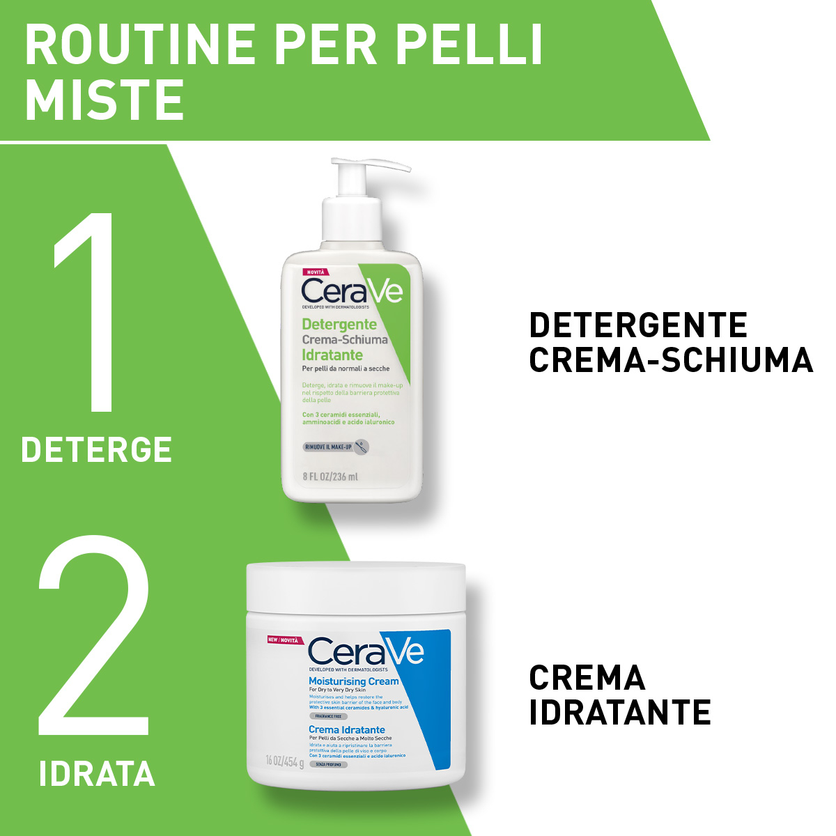 CeraVe Detergente crema-schiuma idratante Deterge ed Idrata. Con 3 ceramidi essenziali, acido ialuronico e tecnologia MVE 236 ml