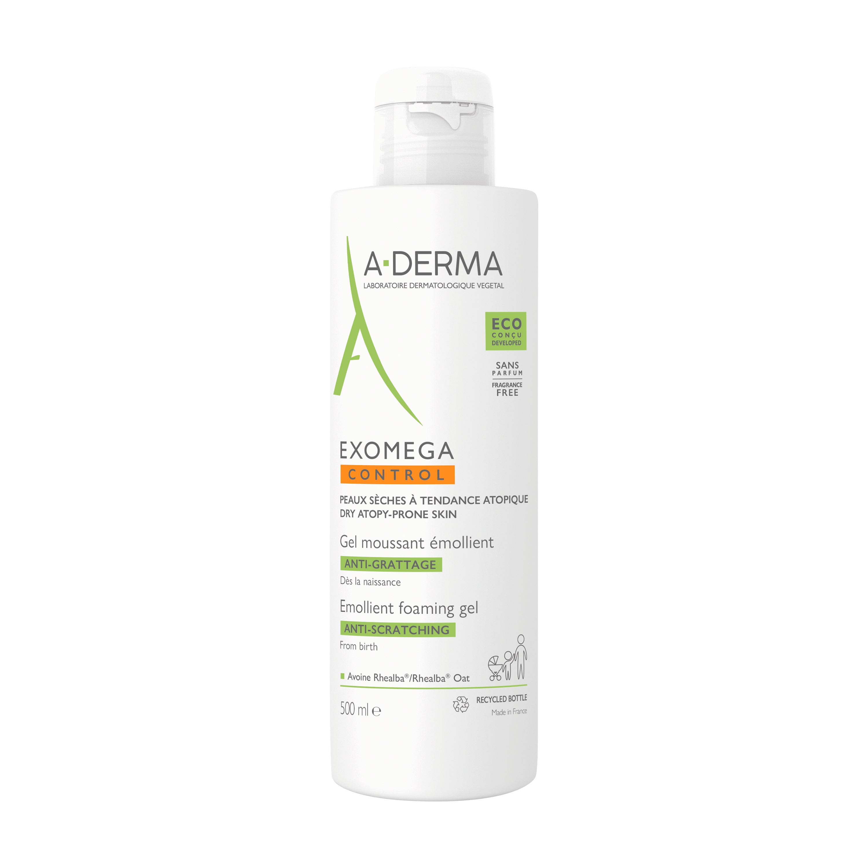 A-derma exomega Control Gel Detergente Emolliente, Lenisce la sensazione di prurito, Pelle secca a tendenza atopica, Senza profumo, 500ml 