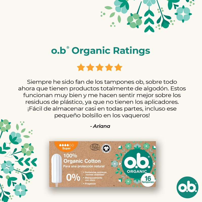 o.b. Assorbenti Interni, Organic Super, 100% Cottone Biologico, 16 Tamponi, color White