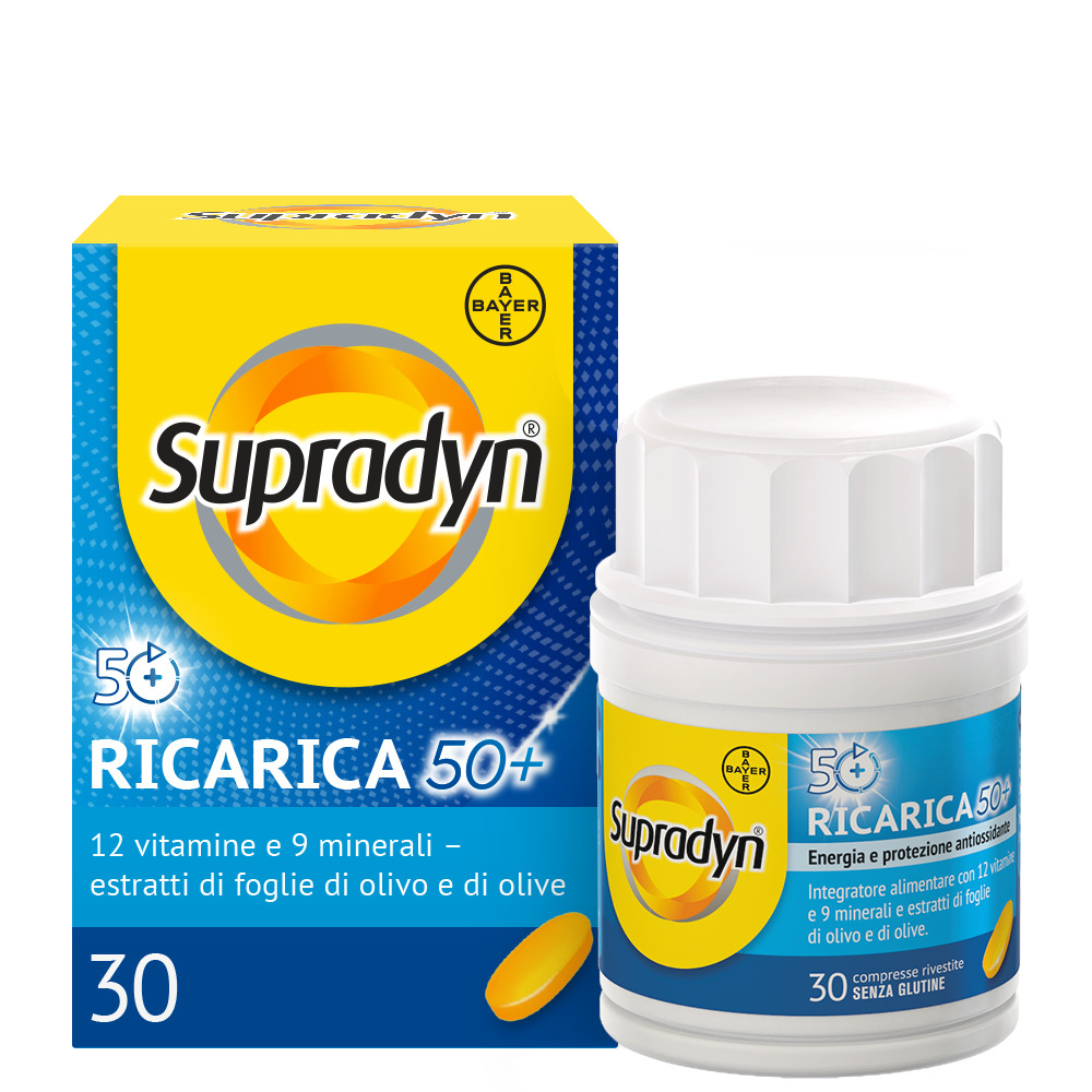Supradyn Ricarica 50+ Integratore Multivitaminico con Vitamina C, Vitamina D, Minerali, Antiossidanti contro la Stanchezza Fisica e invecchiamento, Gusto Arancia, 30 Compresse Rivestite