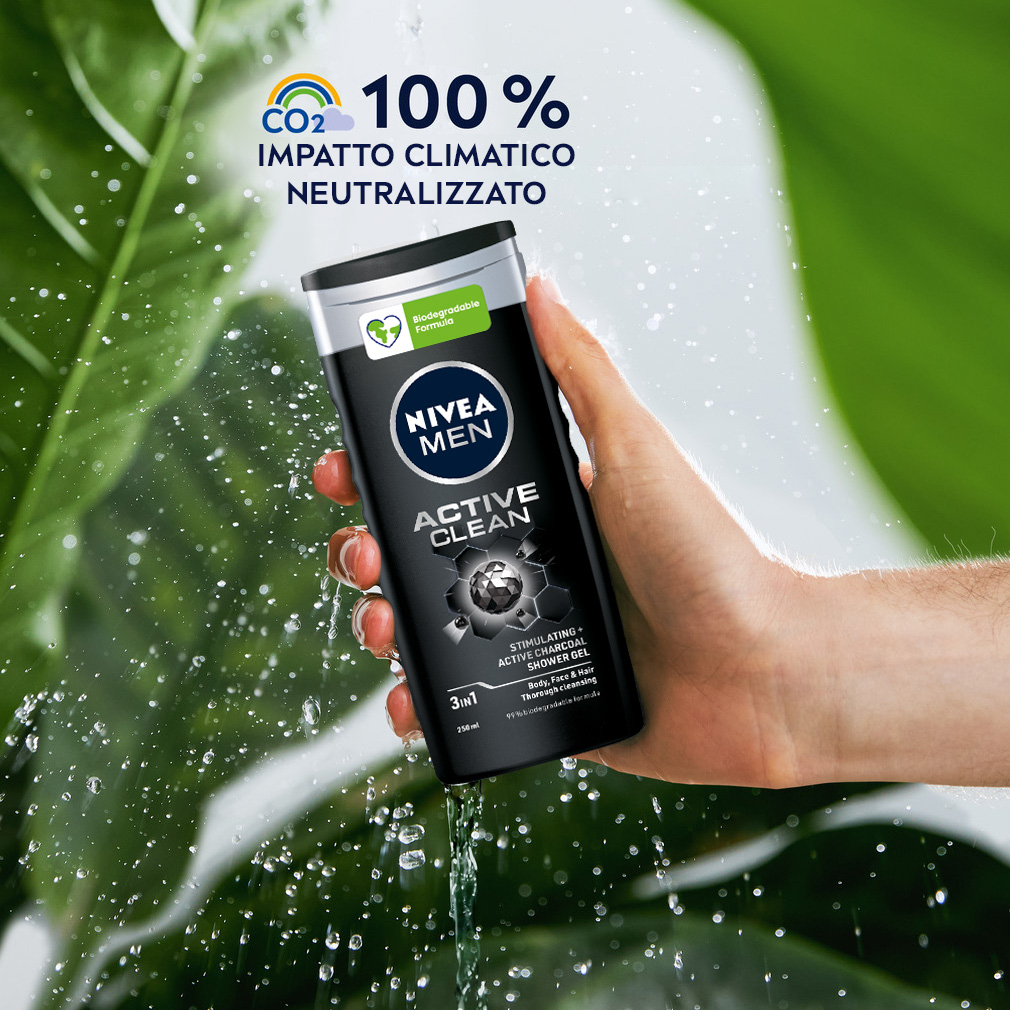 Nivea Men Doccia Shampoo Active Clean 250 ml, Docciaschiuma uomo efficace per viso, corpo e capelli