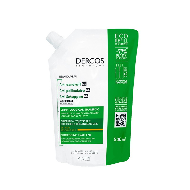 Vichy Dercos Shampoo trattante Anti-forfora DS per capelli secchi, eco-ricarica 500 ml