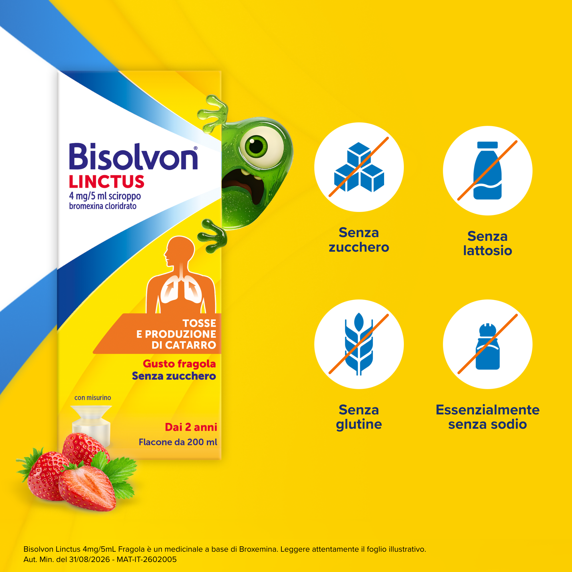 Bisolvon Linctus 4mg/5ml Gusto Fragola - Sciroppo Mucolitico Per Catarro E Tosse Grassa 200 ml