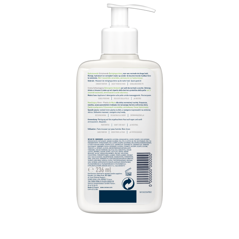CeraVe Detergente crema-schiuma idratante Deterge ed Idrata. Con 3 ceramidi essenziali, acido ialuronico e tecnologia MVE 236 ml