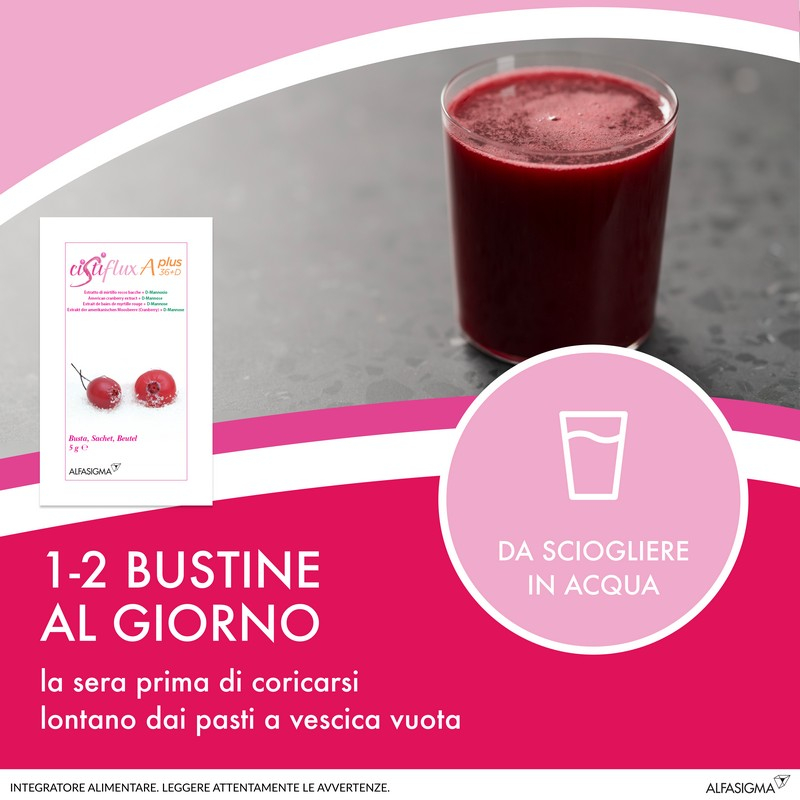 Cistiflux a Plus 36Ed, Integratore a Base di Estratto di Mirtillo Rosso, Cranberry Americano, e D-Mannosio, per Favorire Una Corretta Funzionalità delle Vie Urinarie, utile in caso di cistite, 14 Bustine, Gusto Frutti di Bosco