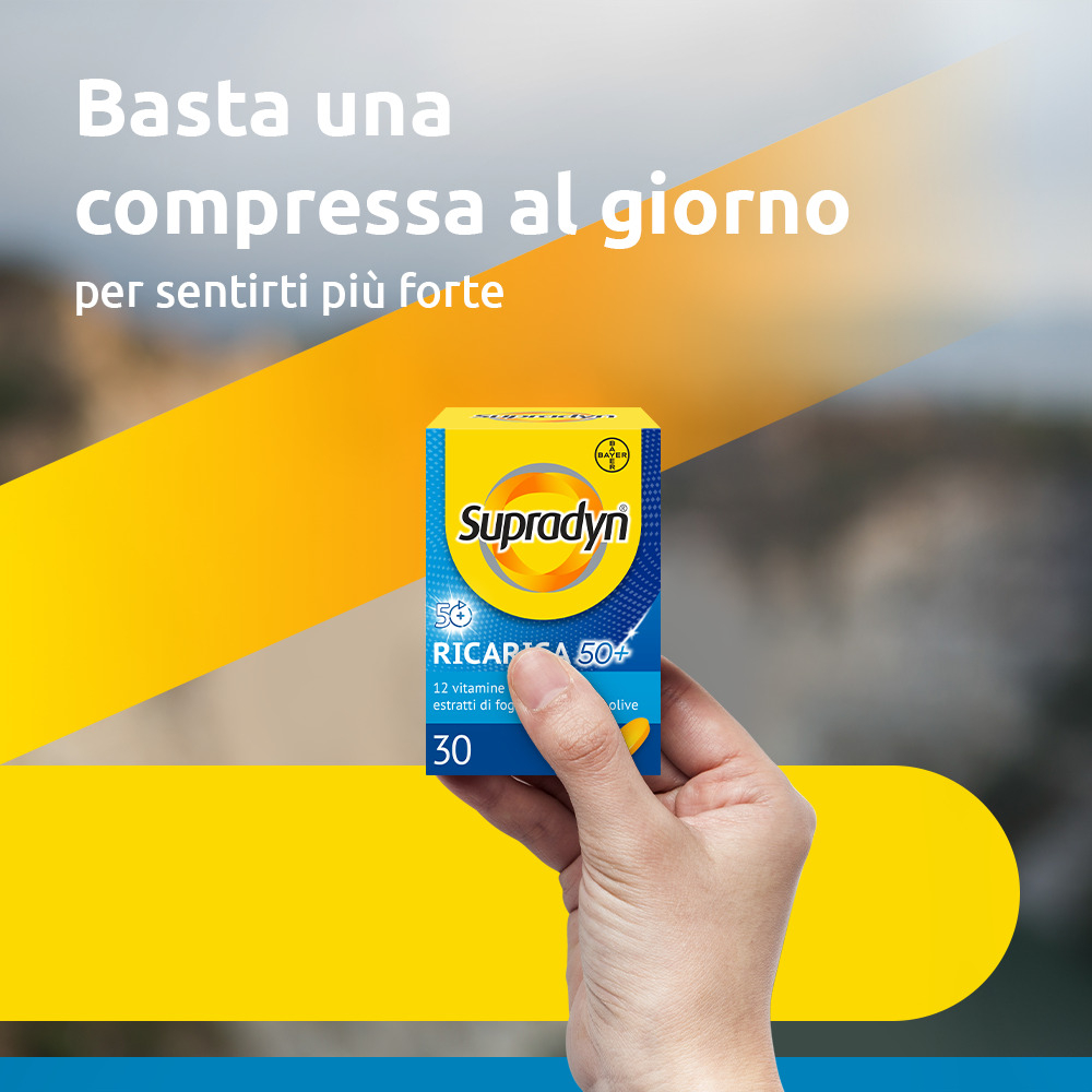 Supradyn Ricarica 50+ Integratore Multivitaminico con Vitamina C, Vitamina D, Minerali, Antiossidanti contro la Stanchezza Fisica e invecchiamento, Gusto Arancia, 30 Compresse Rivestite