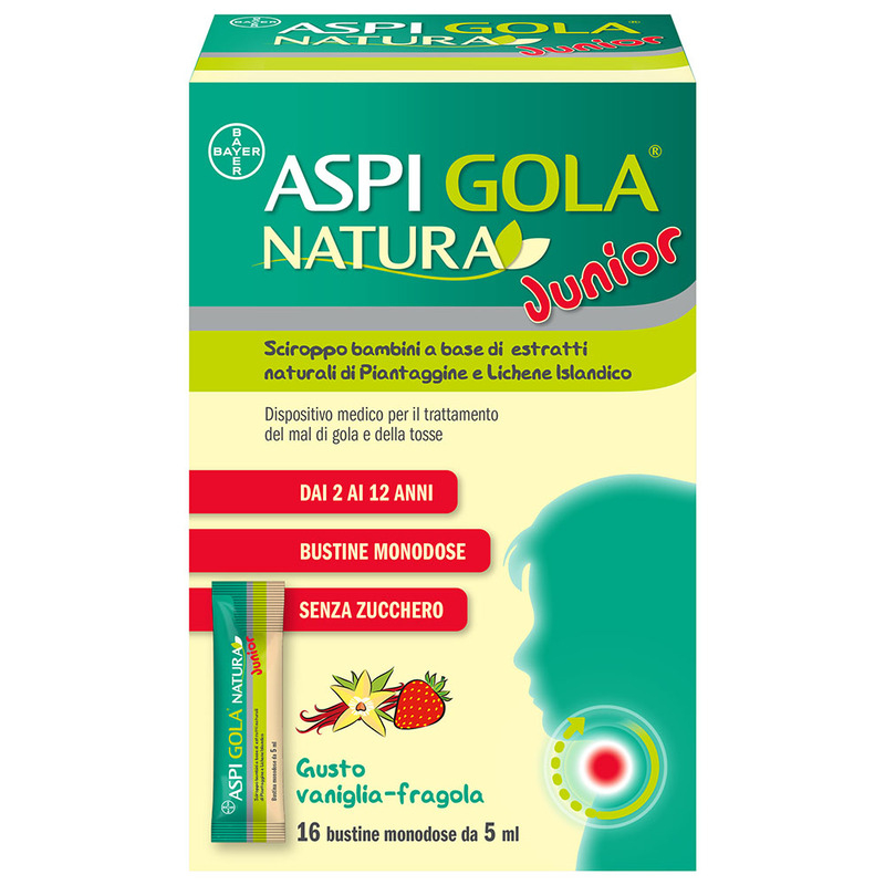 Aspi Gola Natura Junior Sciroppo per bambini, a base di estratti naturali, contro Mal di Gola e Tosse associata, Gusto Vaniglia e Fragola, 16 Bustine Monodose da 5ml