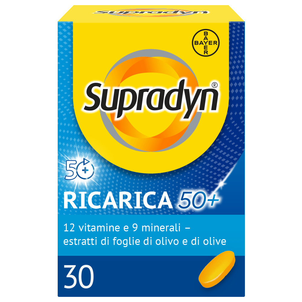 Supradyn Ricarica 50+ Integratore Multivitaminico con Vitamina C, Vitamina D, Minerali, Antiossidanti contro la Stanchezza Fisica e invecchiamento, Gusto Arancia, 30 Compresse Rivestite