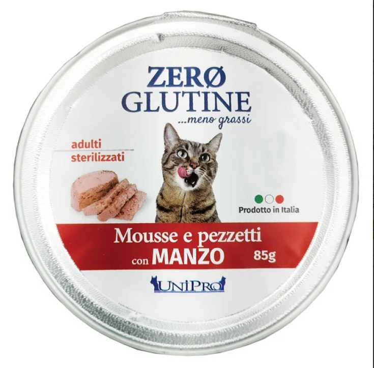 UNIPRO GATTO ZERO GLUTINE ADULTI STERILIZZATI MOUSSE MANZO 85GR (vaschetta)