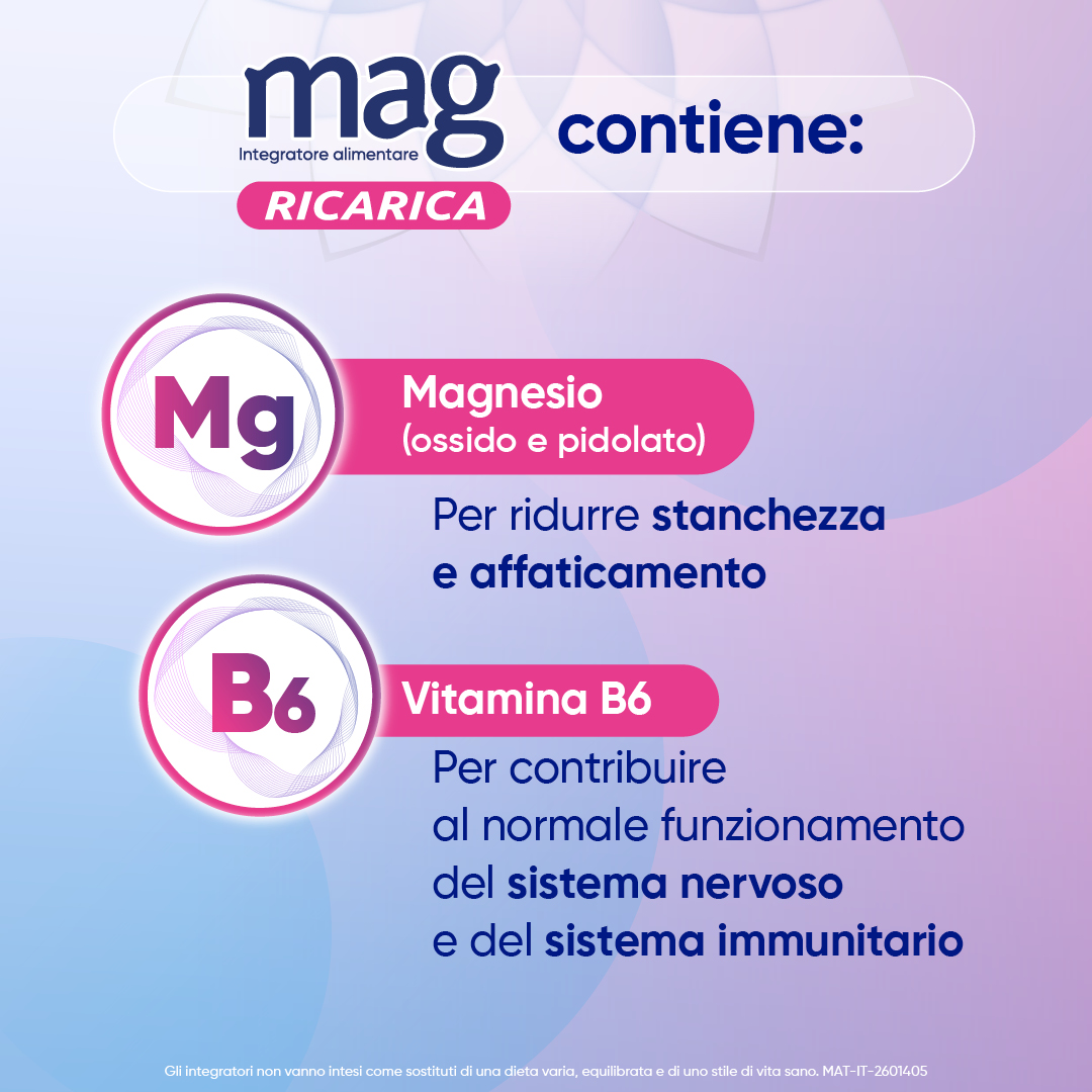Mag Ricarica 24 Bustine - Integratore Con Magnesio Pidolato, Magnesio Ossido e Vitamina B6 Contro Stanchezza Mentale E Fisica