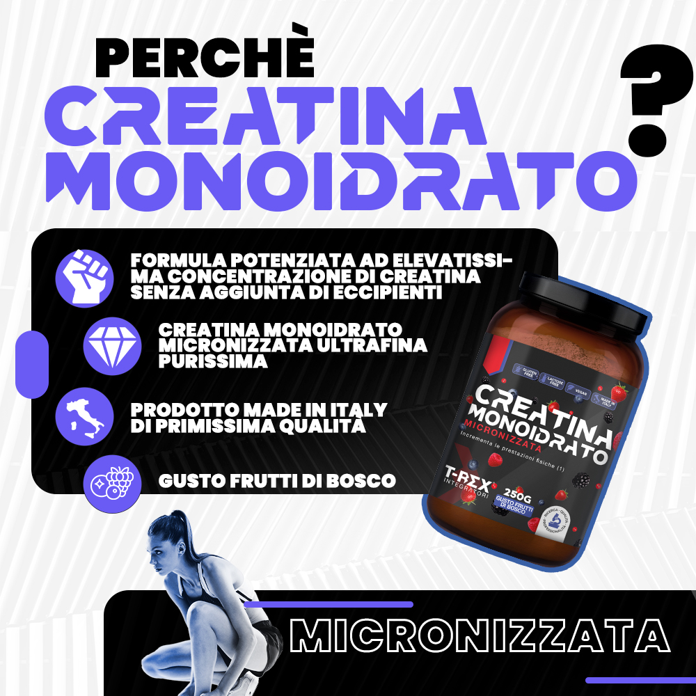 T-Rex Integratori Creatina Monoidrato Micronizzata Gusto Frutti Di Bosco 250 g - Integratore Di Creatina