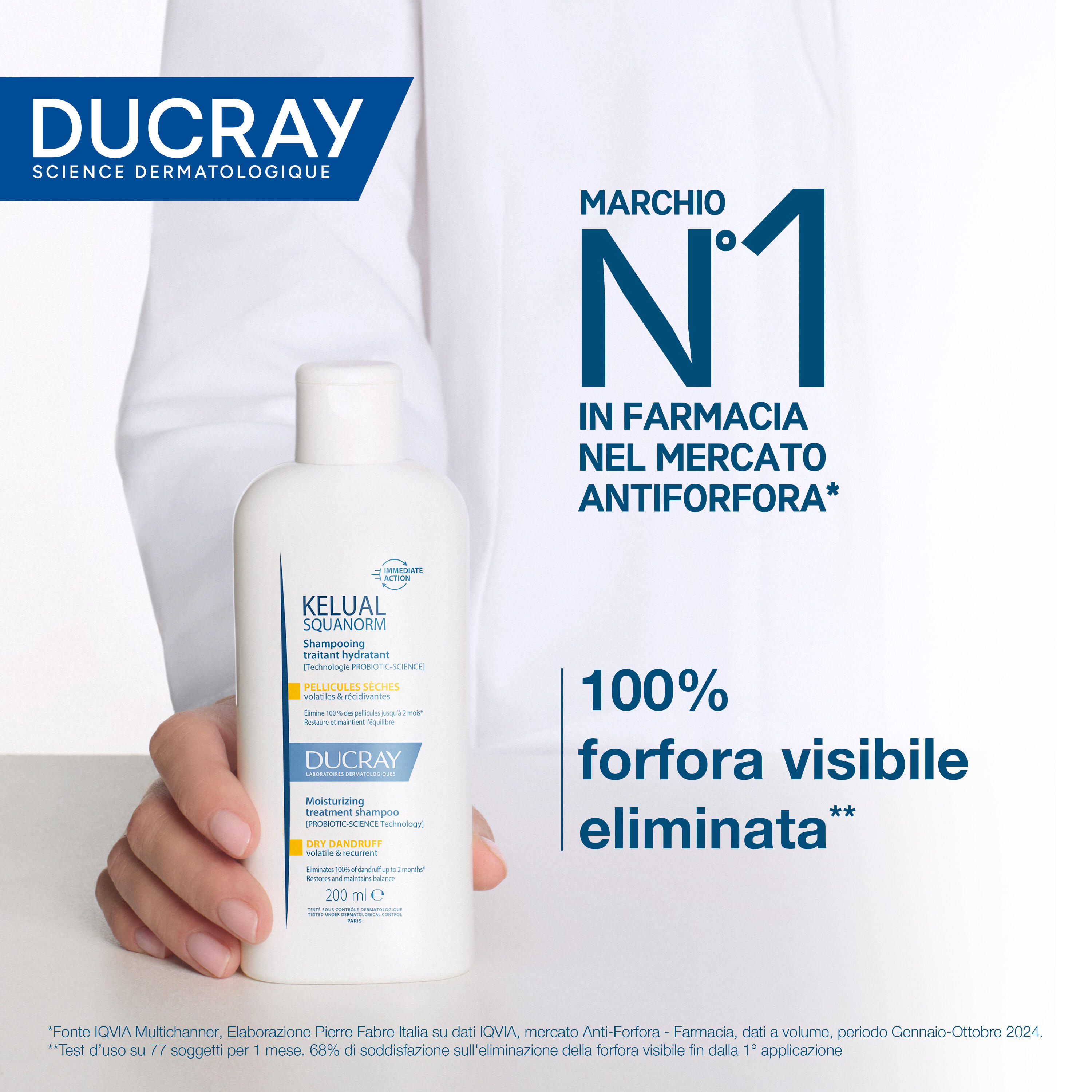 Ducray Kelual Squanorm Shampoo Trattante Idratante Forfora Secca, Elimina 100% della forfora, Azione anti-ricomparsa, Cuoio capelluto secco 200ml 