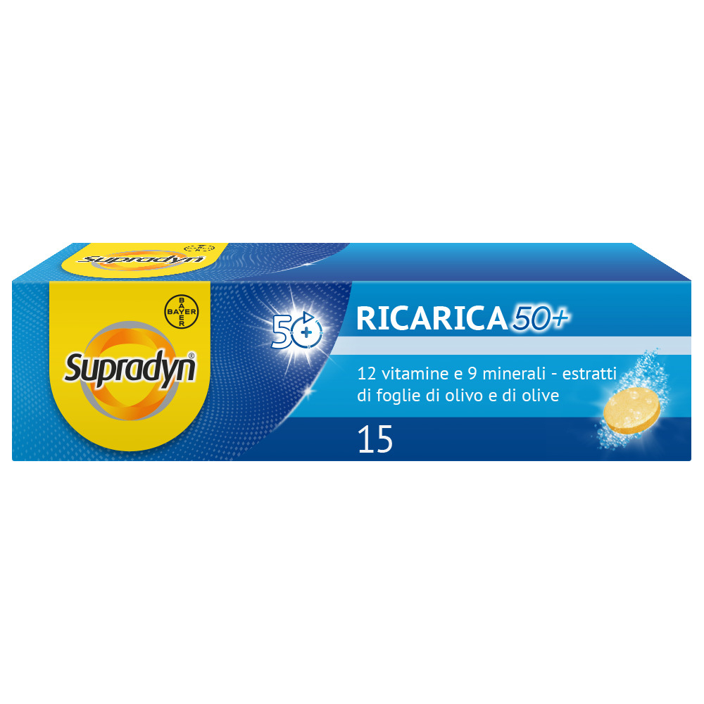 Supradyn Ricarica 50+ Integratore Multivitaminico con Vitamina C, Vitamina D, Minerali, Antiossidanti contro Stanchezza Fisica e invecchiamento, Gusto Arancia, 15 Compresse Effervescenti