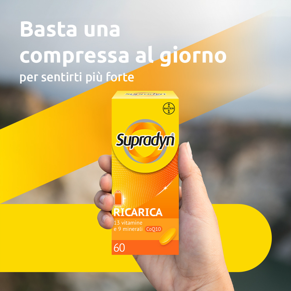 Supradyn Ricarica Integratore Multivitaminico Completo con Vitamine A, B, C, D, E, K, Minerali e Coenzima Q10 contro la Stanchezza, Gusto Arancia, 60 Compresse Rivestite