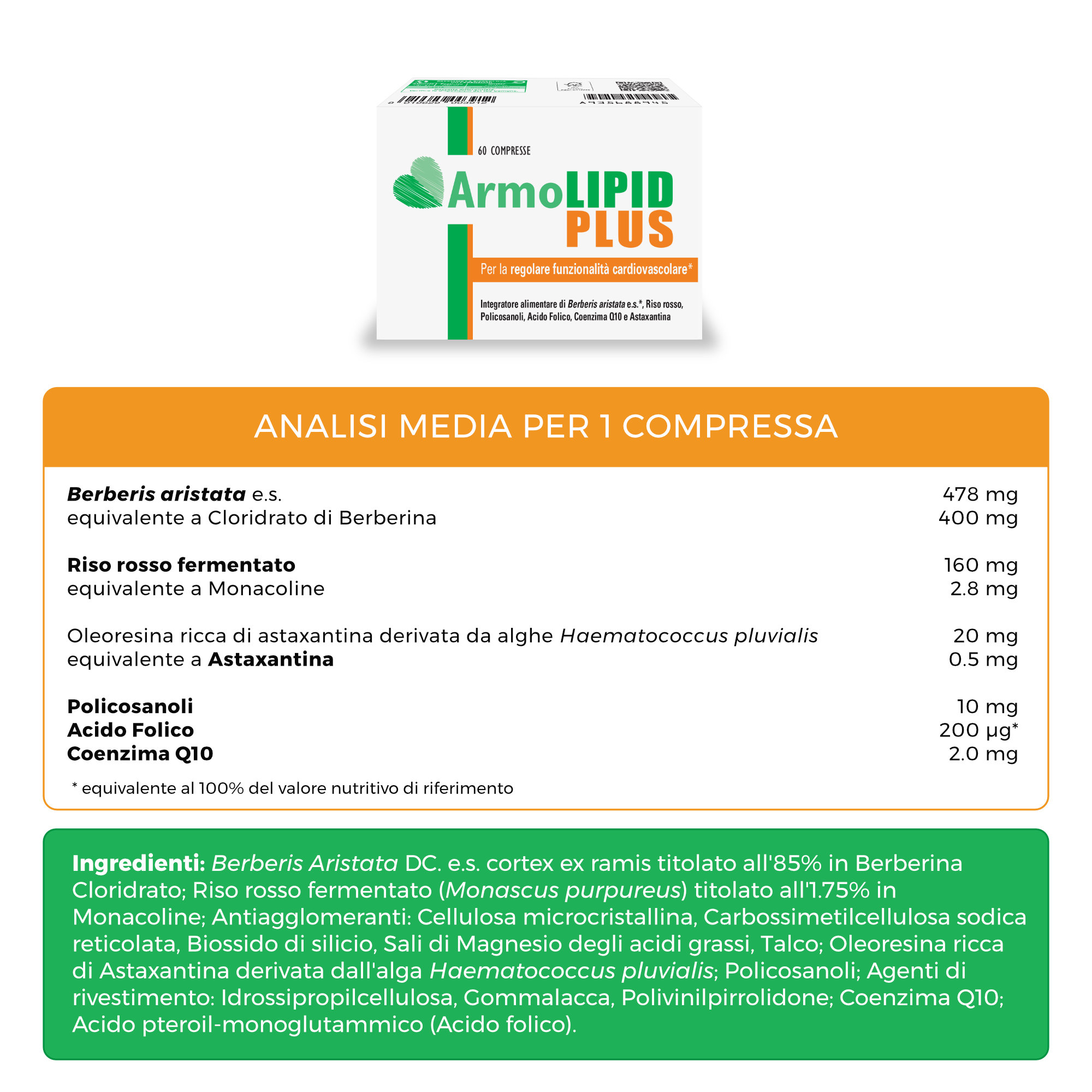 MEDA PHARMA - Armolipid Plus 60 Compresse - Integratore Per Il Colesterolo - Confezione Italiana Originale 