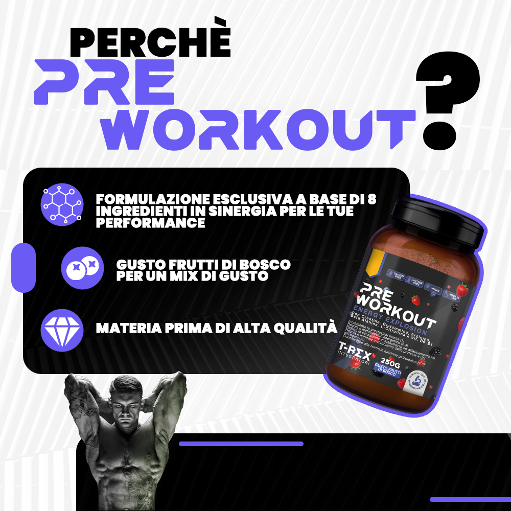 T-Rex Integratori Pre Workout Energy Explosion Gusto Frutti Di Bosco 250 g - Integratore Per Lo Sport