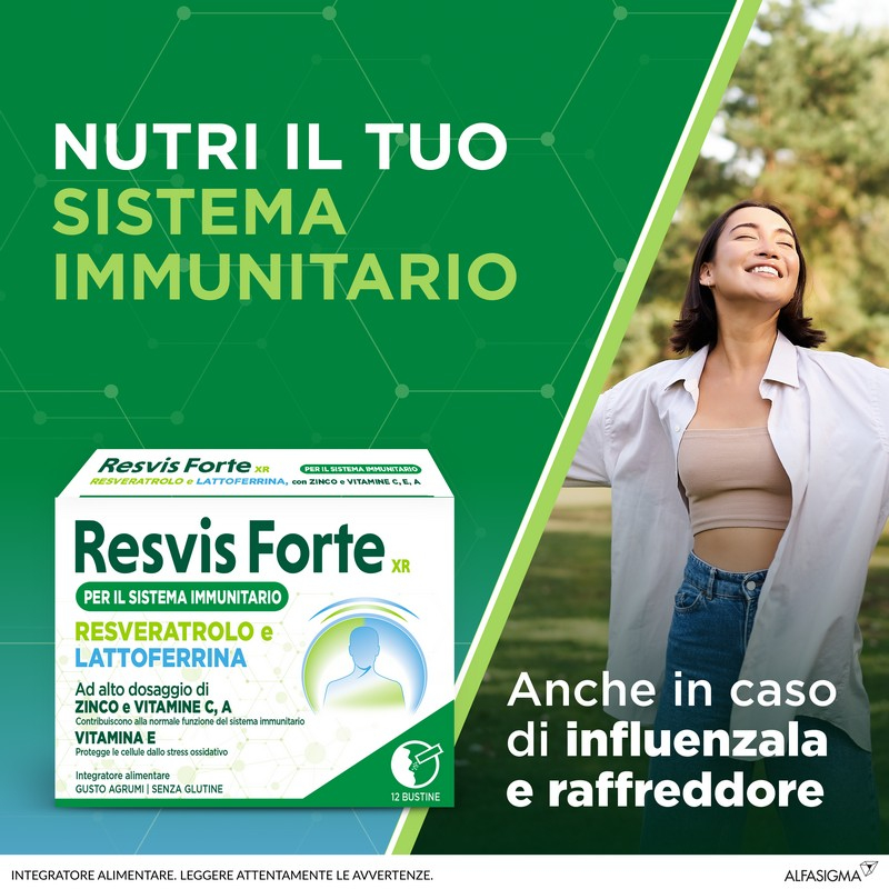 Resvis Forte XR Bustine Orosolubili, Integratore Alimentare di Resveratrolo e Lattoferrina, per il benessere del sistema immunitario, rinforza le difese immunitarie. Senza Glutine, 12 Bustine Orosolubili da 1.8g, Gusto Agrumi