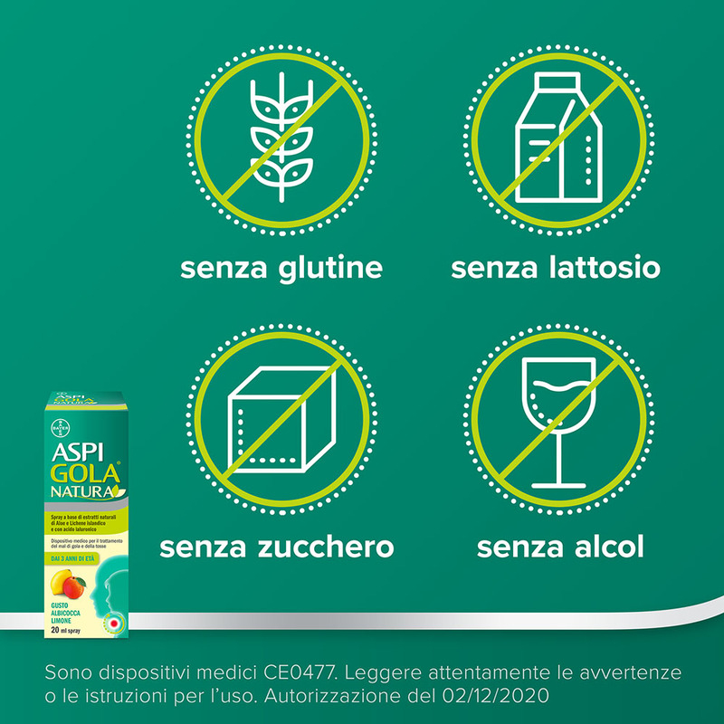 Aspi Gola Natura Spray, con estratti naturali di Aloe, Acido Ialuronico e Lichene Islandico, contro Mal di Gola e Tosse associata, Gusto Albicocca e Limone Flacone da 20ml