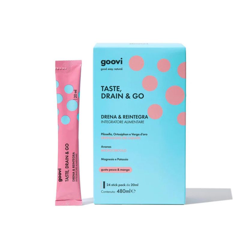 Goovi - Drena & Reintegra Taste, Drain & Go 24 Stick Pack - Integratore Drenante Gusto Pesca & Mango