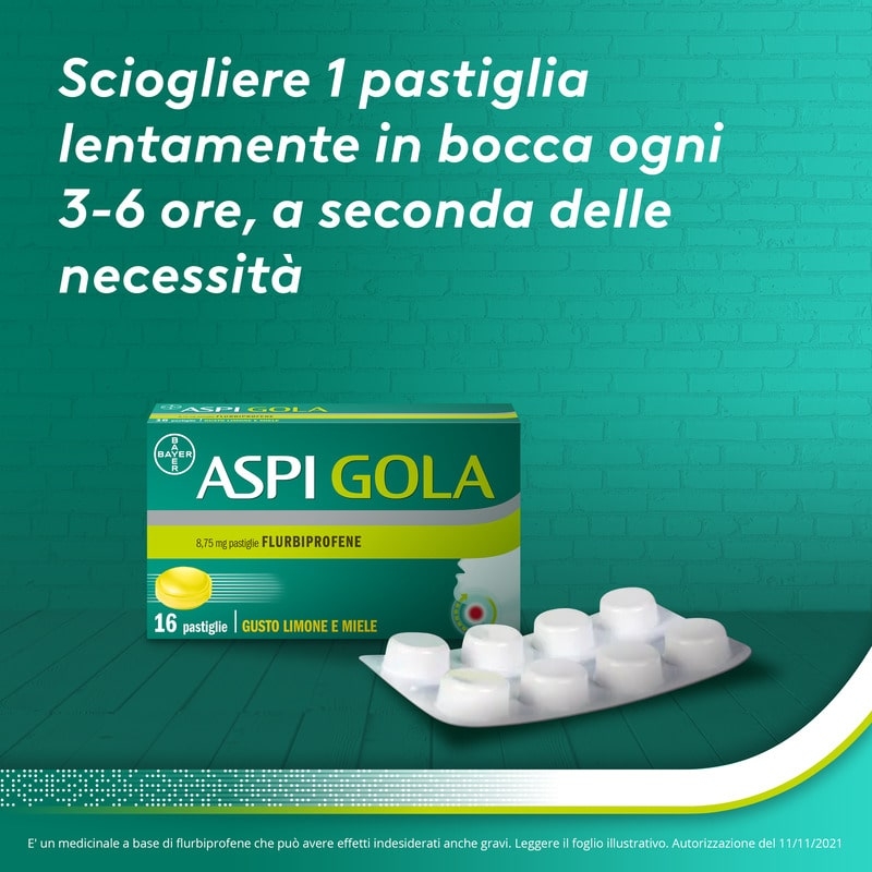 Aspi Gola Pastiglie per la gola infiammata, con 8,75 mg di Flurbiprofene, contro Faringite e Mal di gola, Gusto Limone e Miele 16 Pastiglie Orosolubili