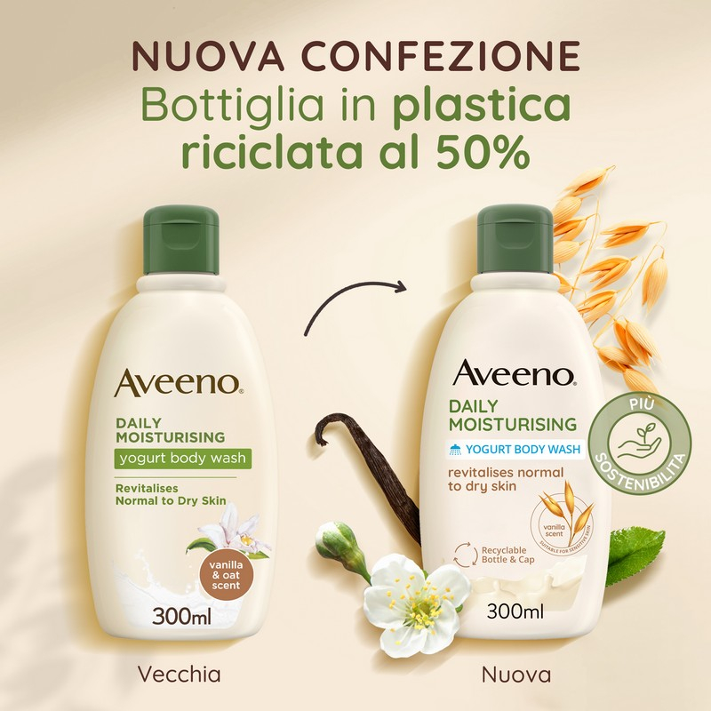 Aveeno Bagnoschiuma Daily Moisturising, Bagnodoccia Idratante per Pelle Secca e Normale Senza Sapone, Yogurt Vaniglia e Avena 300 ml