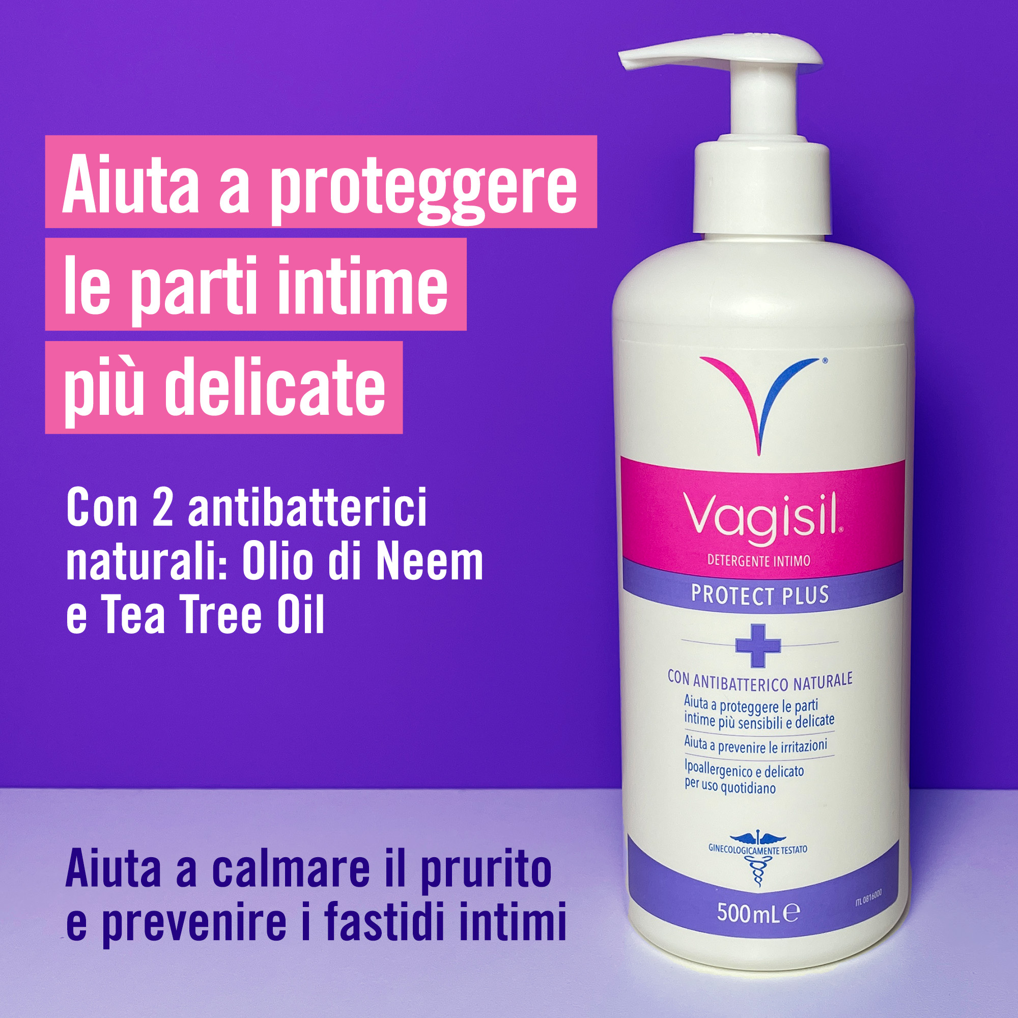 Vagisil Detergente Antibatterico Protect Plus Per l'Igiene Intima Quotidiana Con Olio di Neem e Tea Tree Oil. Aiuta a Prevenire le Irritazioni Intime 500ml