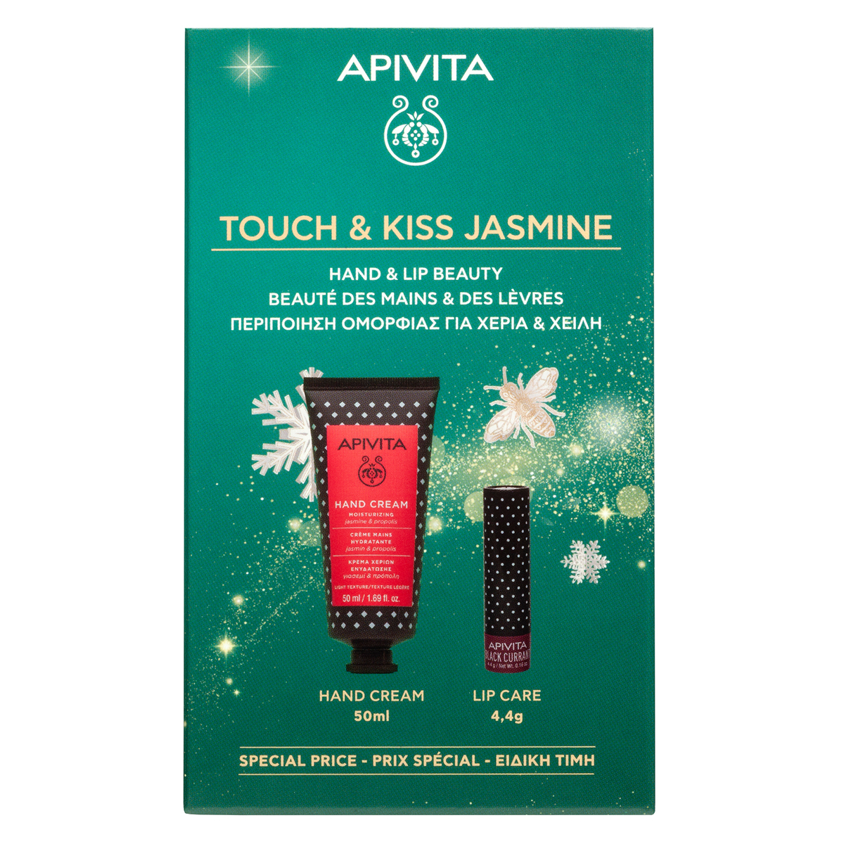 Apivita Touch & Kiss Jasmine Cofanetto Regalo - Crema Mani 50 ml + Balsamo Labbra 4,4 g