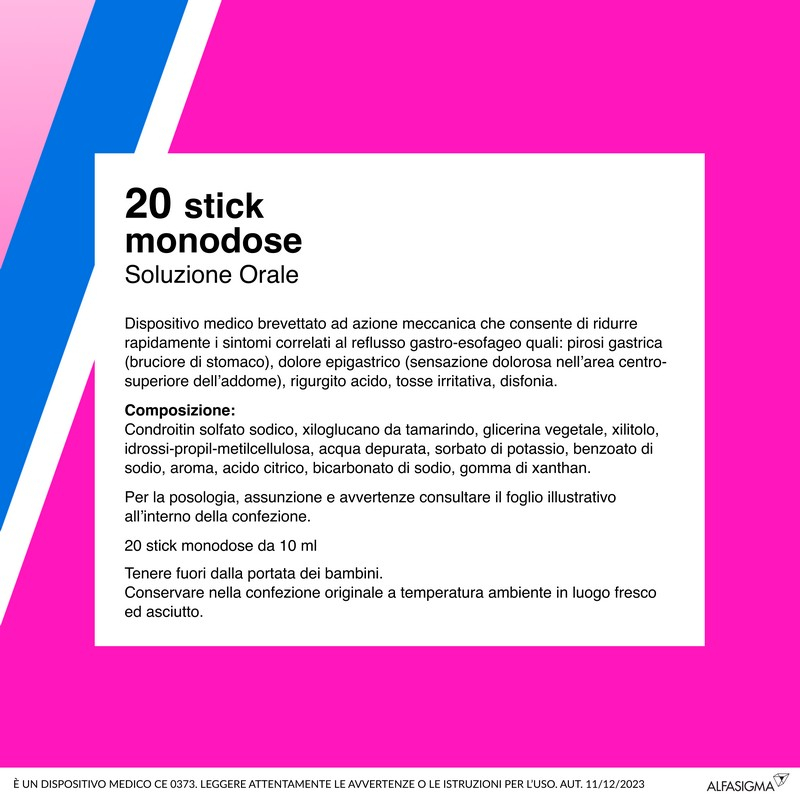 Biochetasi Reflusso, dispositivo medico utile in caso di sintomi da Reflusso Gastrico, Acidità e buciore di stomaco, Aroma Arancia,  20 Stick
