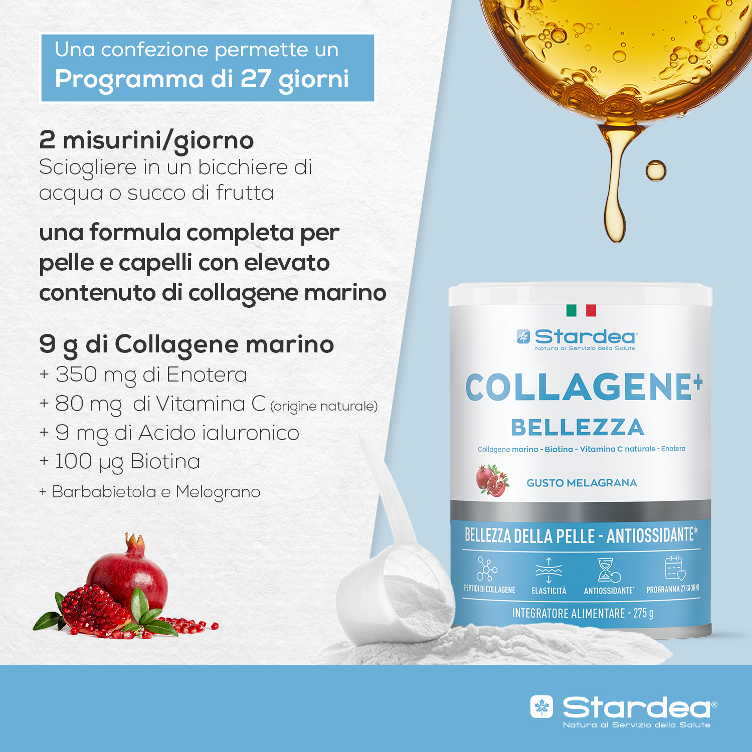 STARDEA COLLAGENE + BELLEZZA POLVERE - INTEGRATORE ALIMENTARE A BASE DI Collagene marino  e Acido ialuronico per la BELLEZZA DELLA PELLE - POLVERE 275 GR.
