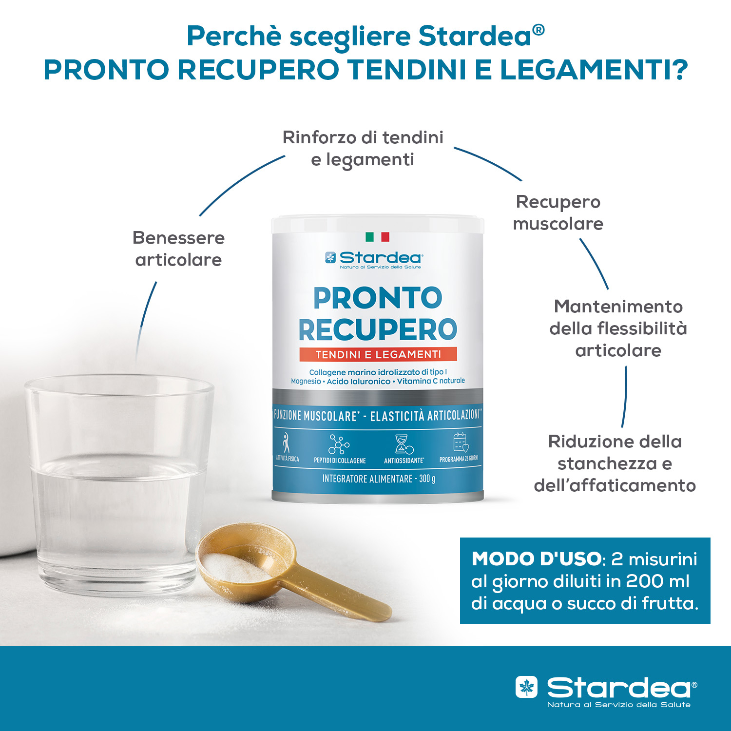 STARDEA PRONTO RECUPERO TENDINI E LEGAMENTI POLVERE - Integratore in polvere a base di collagene marino di tipo 1, Magnesio e Acido ialuronico  - Funzione Muscolare, Elasticità delle articolazioni