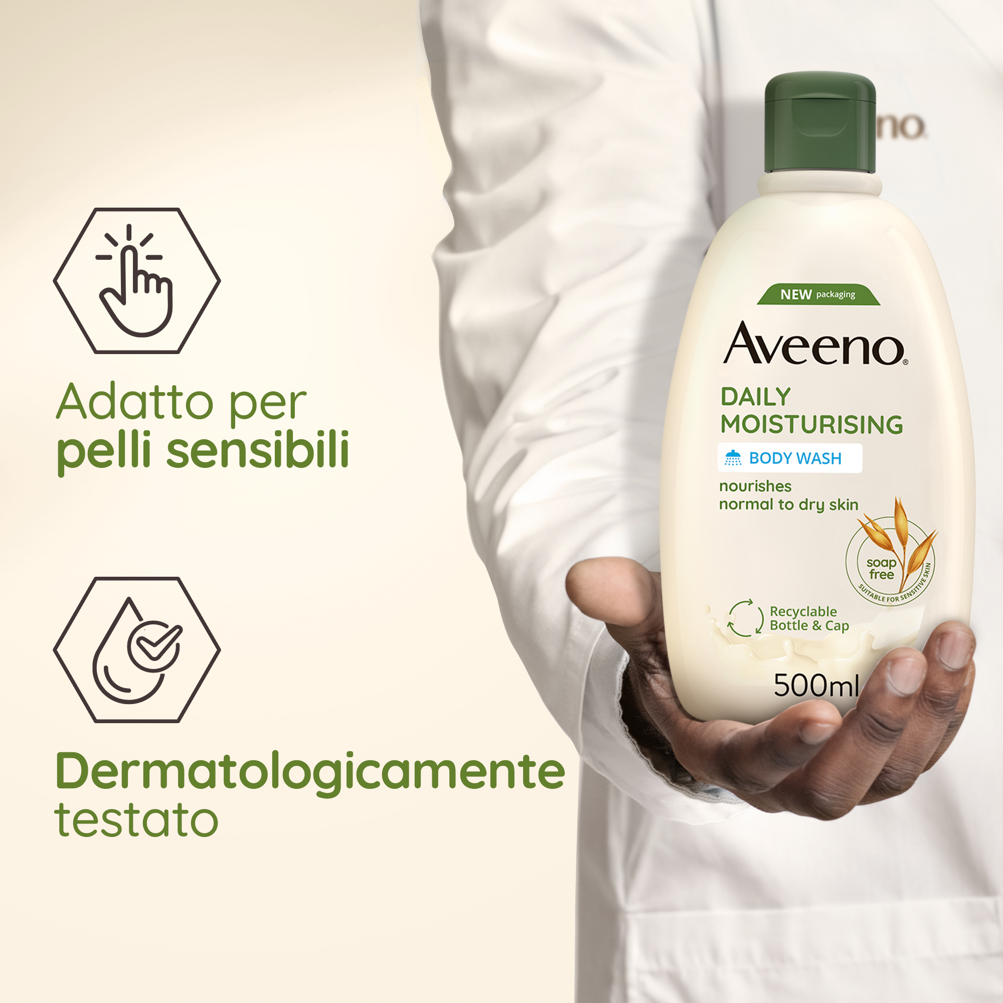 Aveeno Daily Moisturising Detergente Corpo 500 ml, Bagnoschiuma per pelli da normali a secche